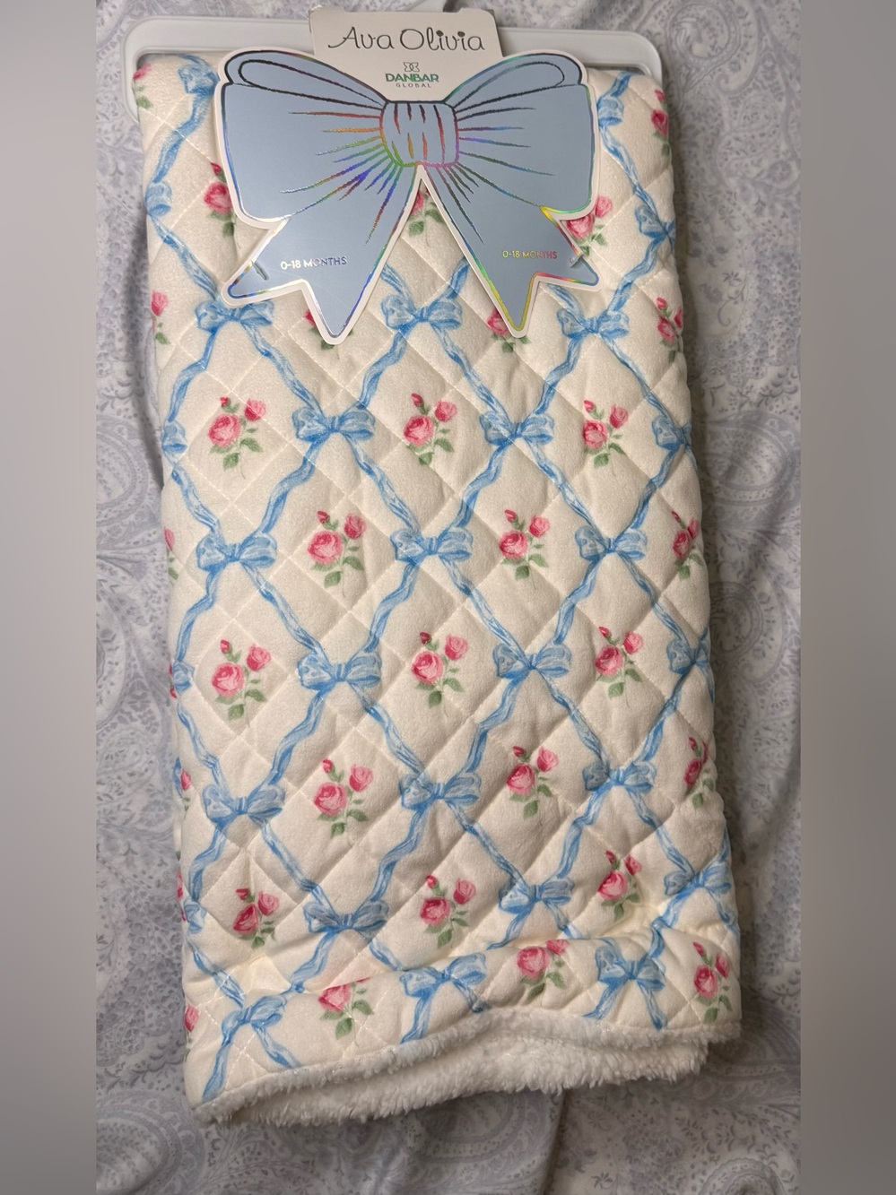 Ava Olivia Quilted Thick Sherpa Baby Blanket Pink Roses & Blue Ribbons